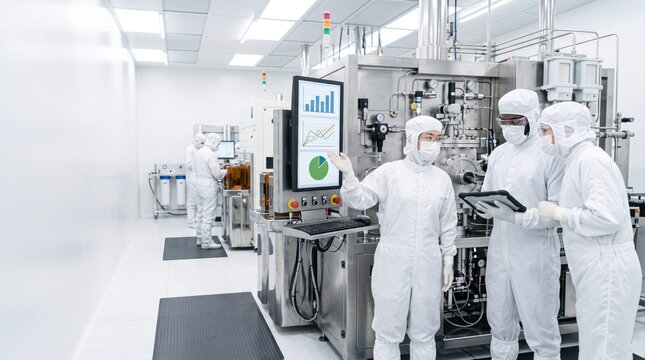 Engineers in cleanroom suits analyzing production dashboard on machine in semiconductor fab