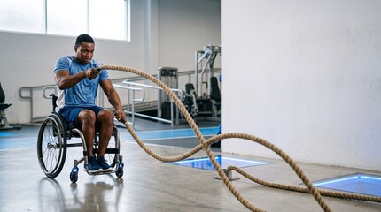 Naklejka premium Wheelchair athlete powers battle ropes at an adaptive gym
