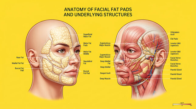 Anatomical diagram of facial fat pads and muscle layers in human head profiles