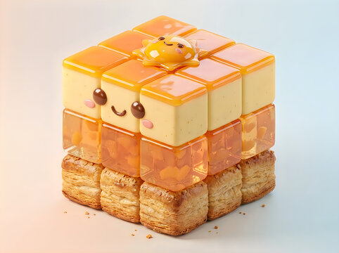 Cute pixel art style puzzle cube toy with a happy smiling face in warm orange colors