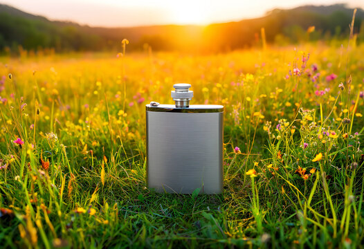 Outdoor adventure and travel concept, hip flask in a vibrant wildflower field at sunset, nature exploration and freedom