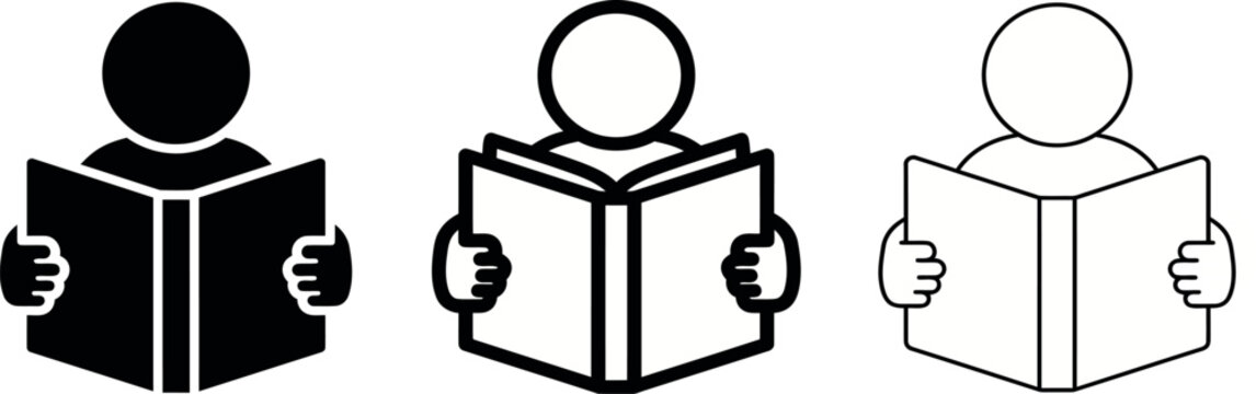 Set of three simple icons showing a person reading a book in different graphic styles