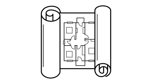 Architectural blueprint plan for a house, unrolled on a white background, line art vector illustration