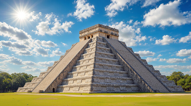 El Castillo Mayan Pyramid at Chich&eacute;n Itz&aacute; Archaeological Site Under a Bright Sunny Sky in Yucatan, Mexico