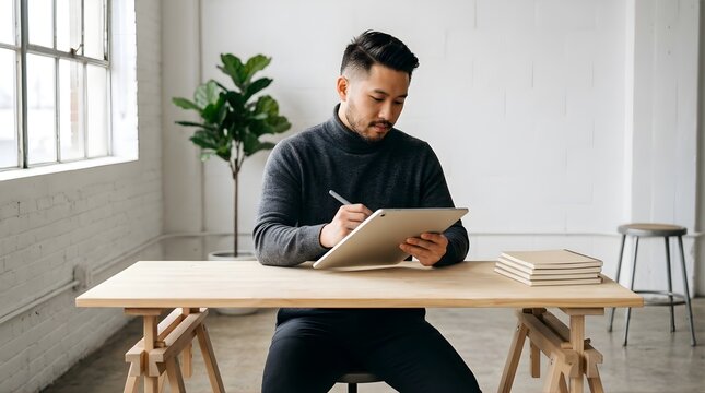Asian man using a digital tablet for design at a desk in a bright office