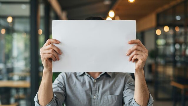 A man holds a blank white paper sheet in front of his face in a blurred cafe. This is ideal for adding custom text or branding design.