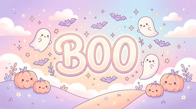 Cute pastel halloween illustration with ghosts, pumpkins, and boo