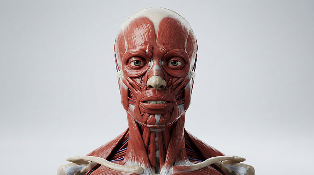 Anatomical model of human head with exposed brain, muscles, and skull