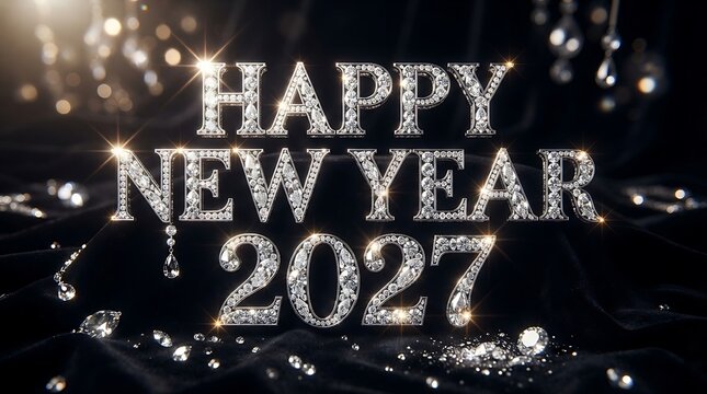 Happy new year 2027 text with sparkling diamonds on dark background