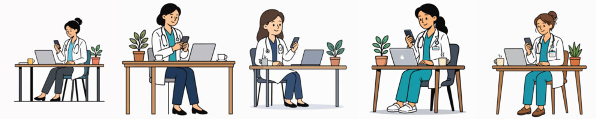 Fototapeta premium A set of vector illustrations featuring a female doctor working at a counter and using her mobile phone.