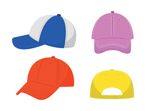 Set of colorful baseball caps, side, front, back views in cartoon style. Vector illustration of beautiful white and blue, pink, red, yellow baseball caps, curved visors isolated on white background.