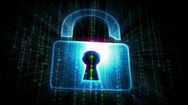 Digital Padlock Glowing with Binary Code Streams in Futuristic Cyber Security Concept