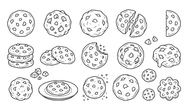 Hand drawn cookie and biscuit collection featuring assorted shapes, chocolate chips, fillings, toppings, and bakery treats