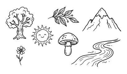 Obraz premium Hand drawn nature elements featuring tree, mountain, river, mushroom, sun, leaves, and small flowering plant