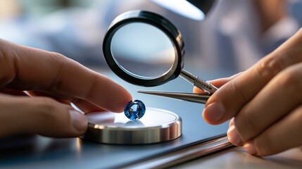 Fototapeta premium Faceless jeweler carefully examining high quality azure sapphire gemstone with magnifying glass under bright light, defocused quality assessment, precision evaluation technique,