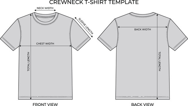 Crewneck T Shirt Size Guide Vector Template with Front and Back View Technical Measurement Specification Guidelines