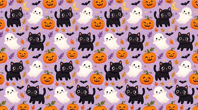 Cute halloween seamless pattern with cats, ghosts, and pumpkins