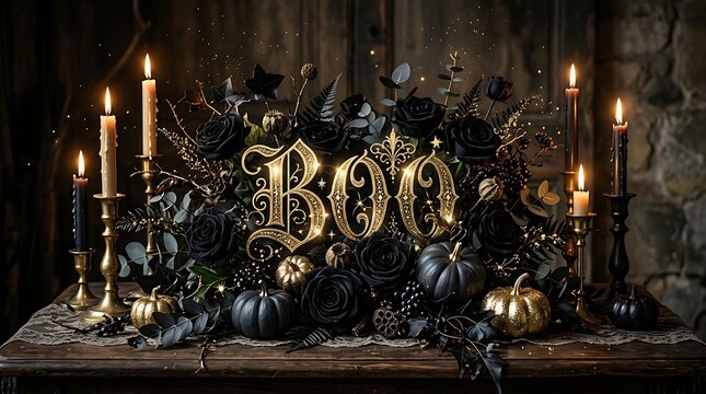 Elegant halloween table decor with boo sign, black roses, candles