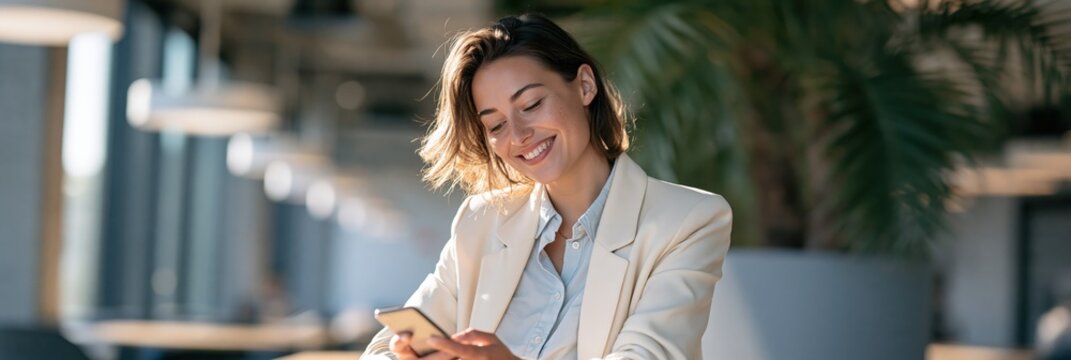 Smiling young businesswoman in cream blazer checking smartphone in sunlit modern office panorama for corporate background and website banner design
