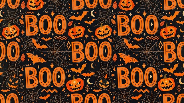 Halloween seamless pattern with boo text, pumpkins, bats, and spiderwebs