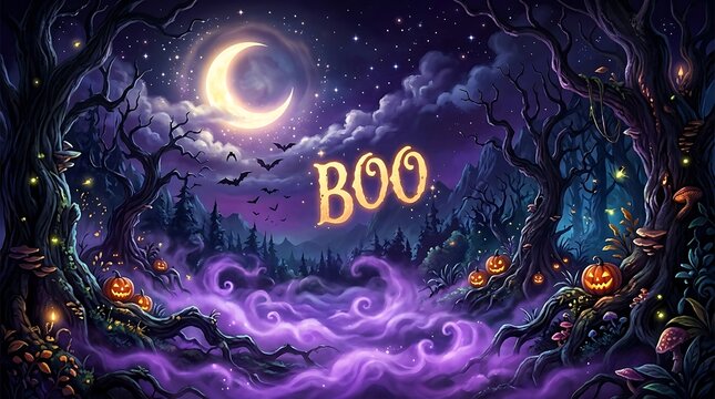 Spooky halloween night forest with glowing boo, moon, pumpkins, and mist