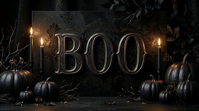 Spooky black halloween decor with boo text, pumpkins, and candles