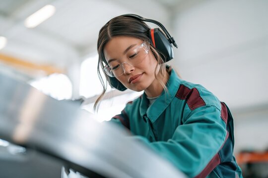 Young engineer inspecting metal parts wearing safety goggles and earmuffs for industrial background and technical banner use