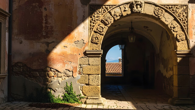 A weathered stone archway with intricate carvings stands in a sunlit courtyard, casting sharp shadows on aged walls. Podcast cover for historical architecture and cultural heritage