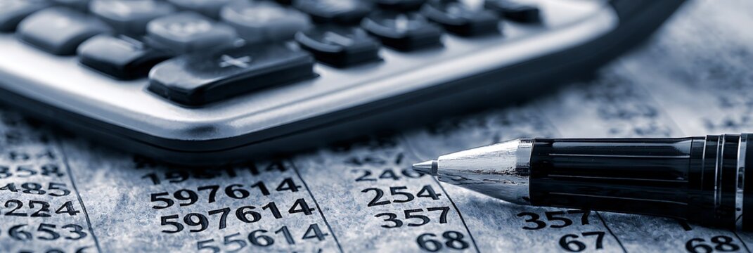 Pen resting on a financial statement with a calculator in the background, symbolizing accounting, taxes, and budget management