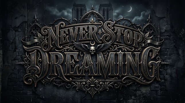 Gothic never stop dreaming text with skull, wings, and ornate details