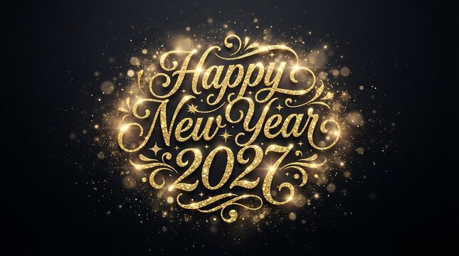 Happy new year 2027 golden glitter text with sparkling light effect