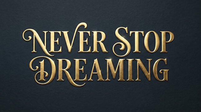 Never stop dreaming elegant golden metallic text on dark textured background