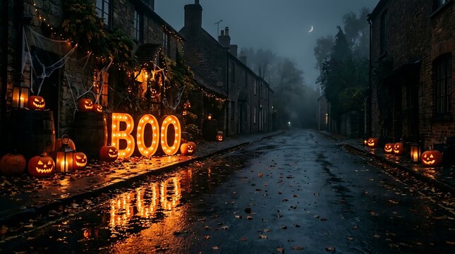 Spooky halloween street with glowing boo text, pumpkins, and fog at night