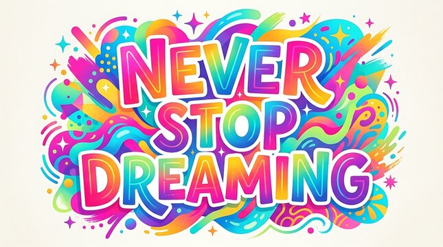 Colorful never stop dreaming inspirational quote with abstract background