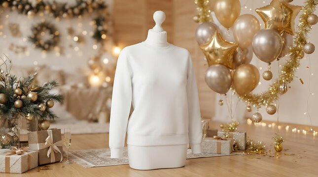 White sweatshirt mockup on mannequin in festive gold christmas party setting