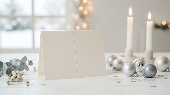 Blank greeting card on white table with christmas decorations and candles