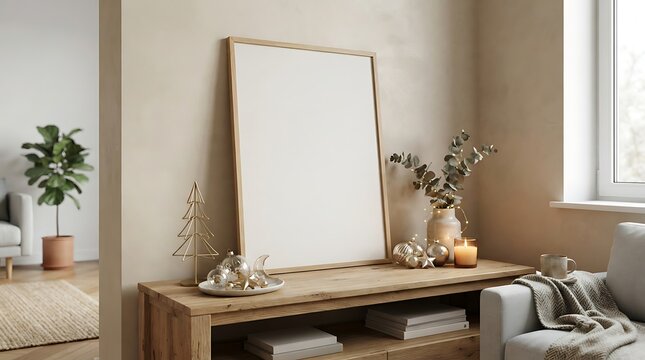 Blank picture frame on wooden console table with christmas decorations