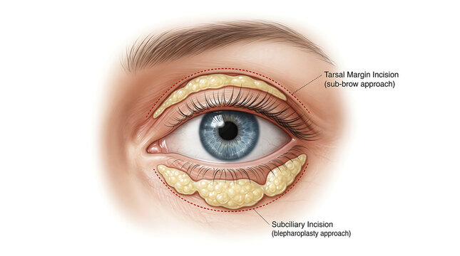 Eye anatomy with surgical incisions for tarsal margin and subiliary approaches