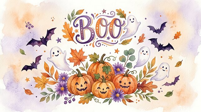 Watercolor halloween boo illustration with ghosts, pumpkins, bats