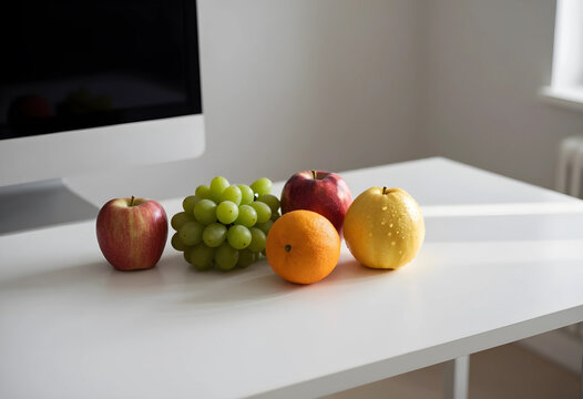 Healthy eating and fresh fruit for a balanced diet apples grapes orange and pear on a white desk with a computer monitor