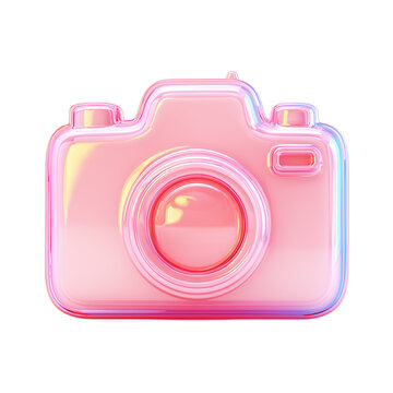 Transparent 3D digital camera with futuristic pink and blue gradient design isolated