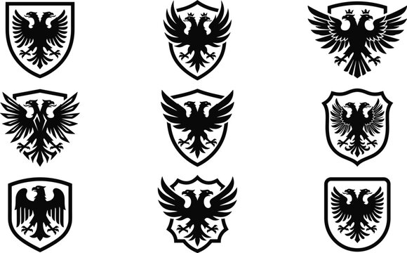 Double Headed Eagle Crest Silhouette Icon Set with Medieval Shields for Heraldic Corporate Branding Badges and Vintage Tattoos