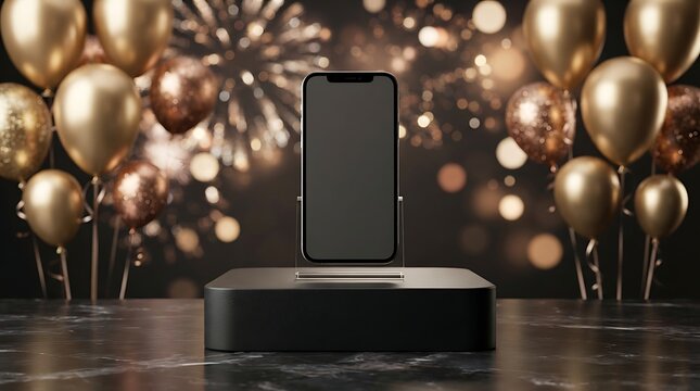 Smartphone on stand with festive balloons and fireworks for celebration
