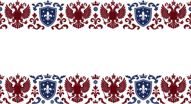 Double Headed Eagle and Fleur De Lis Shield Seamless Border Pattern Background for Vintage Regal Frames and Stationery Layout Designs