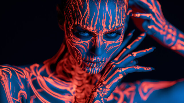 Fashionable female model with artistic UV skeleton body painting, luminous bone patterns elegantly covering her face, chest and arms, fluorescent details glowing under Halloween