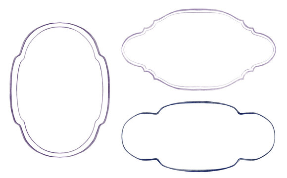 Hand-painted watercolor set of empty line frames in lilac and navy on white background. Scalloped oval, wavy horizontal and lobed borders with copy space, minimal drawn outlines.