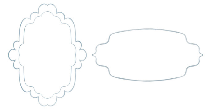 Hand-painted watercolor set of two empty scalloped frames in muted blue on white background. Vertical lobed oval and horizontal wavy border with copy space, minimal hand-drawn outlines.