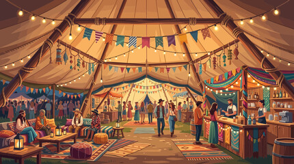 Naklejka premium People socialize inside a festive bohemian tent at night