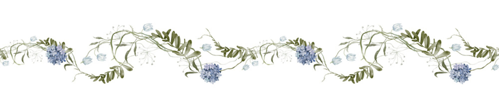 Horizontal Banner watercolor illustration with blue flower botanical. Seamless border or frame with hand drawn illustration. Frame with hydrangea and light blue snake's head fritillary delicate flower