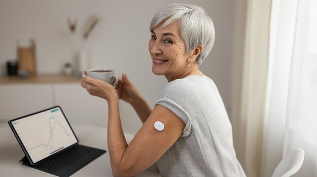 Senior woman sitting by the table at home while monitoring blood glucose on tablet with insulin patch sensor on upper arm